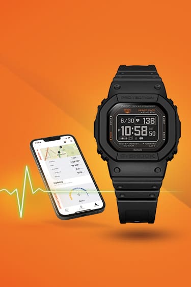 Heart Rate monitor watch DWH5600 displayed on a orange background and a heart rate pulse line graphic, also shows a smartwatch showing the app screen.