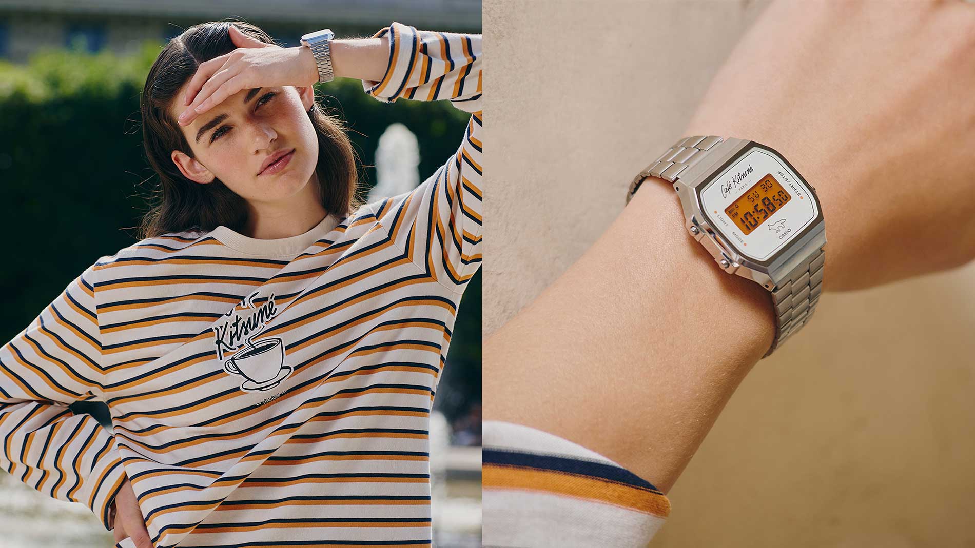 Model wearing Casio Digital Kitsune A168WECK metal watch