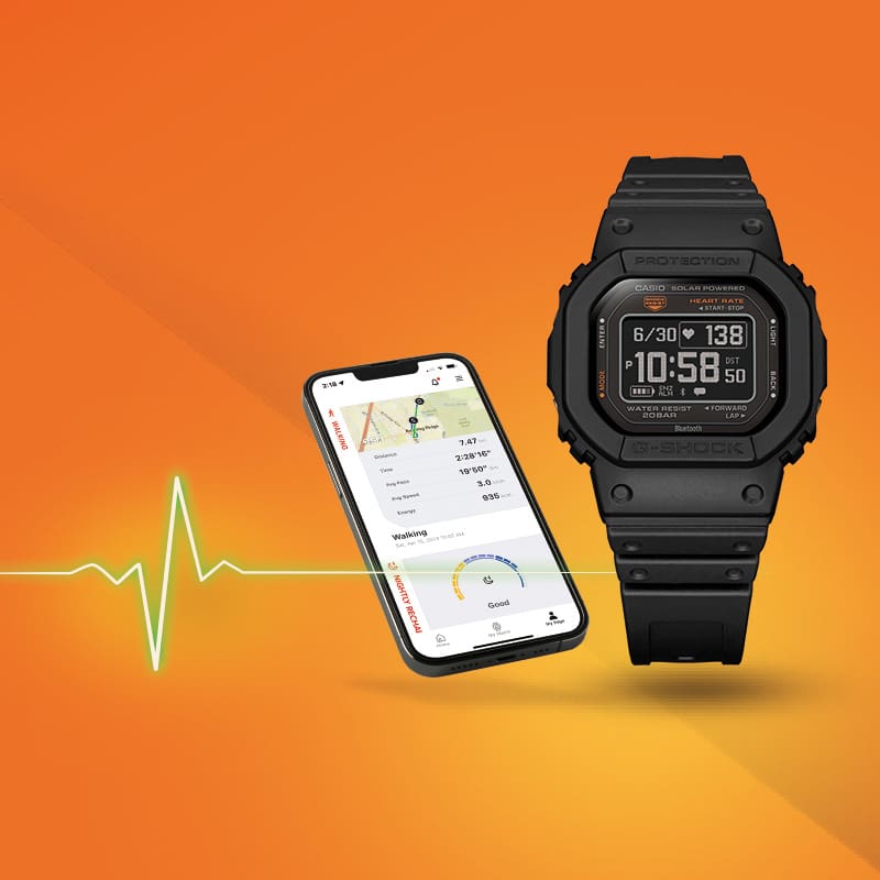 Heart Rate monitor watch DWH5600 displayed on a orange background and a heart rate pulse line graphic, also shows a smartwatch showing the app screen.
