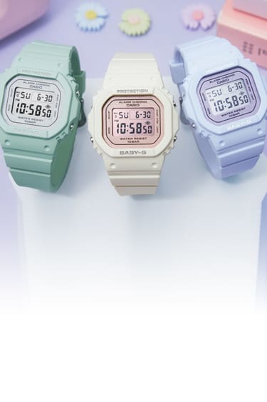 BGD565SC-3,  BGD565SC-4, BGD565SC-2 Digital Baby-G watches on a pastel desk