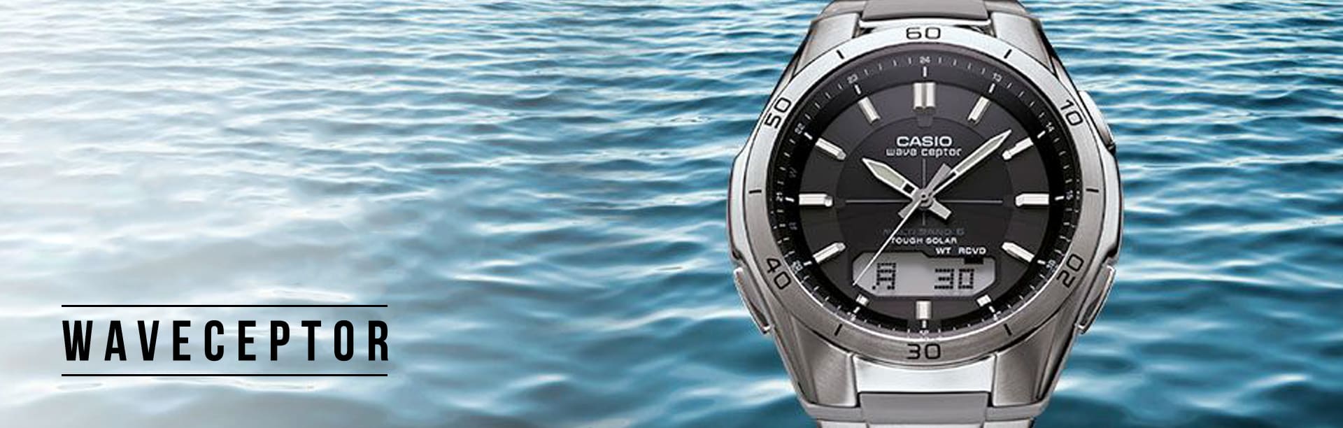 Casio Waveceptor Watch with ocean background