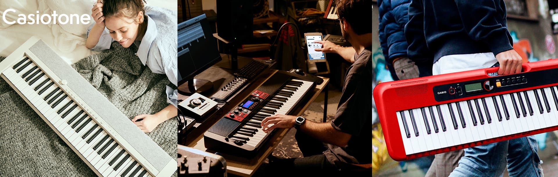 Collage of musicians interacting with Casiotone CT-S1, CT-S1000V and CT-S200 portable keyboards 3
