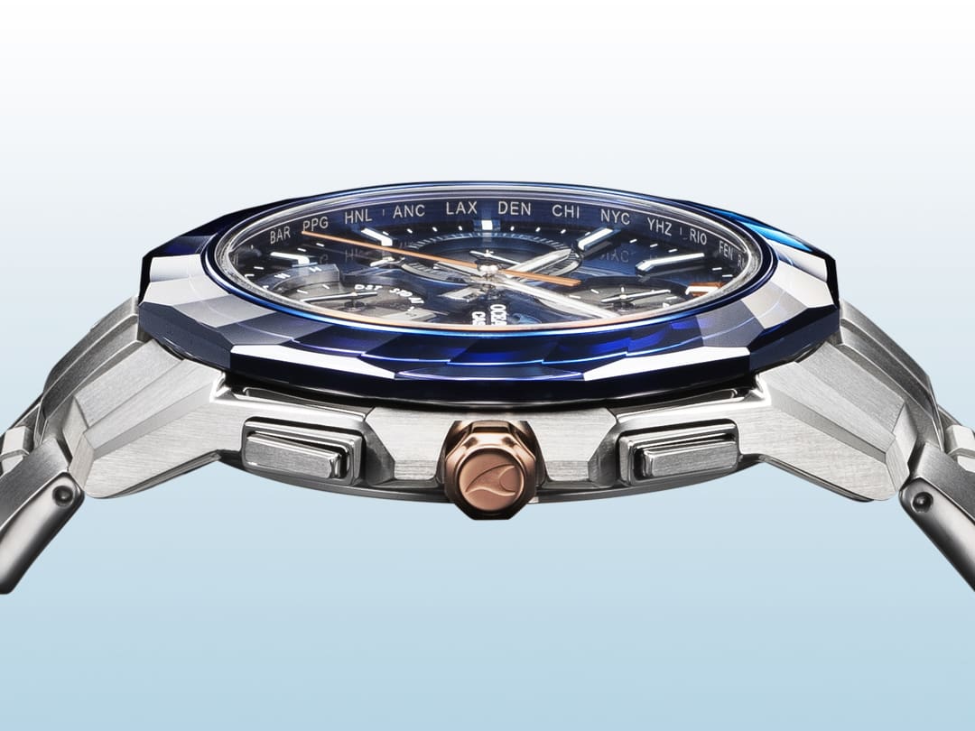 Slim profile of OCEANUS OCWS6000SW-2A Analog watch with blue face and bezel'