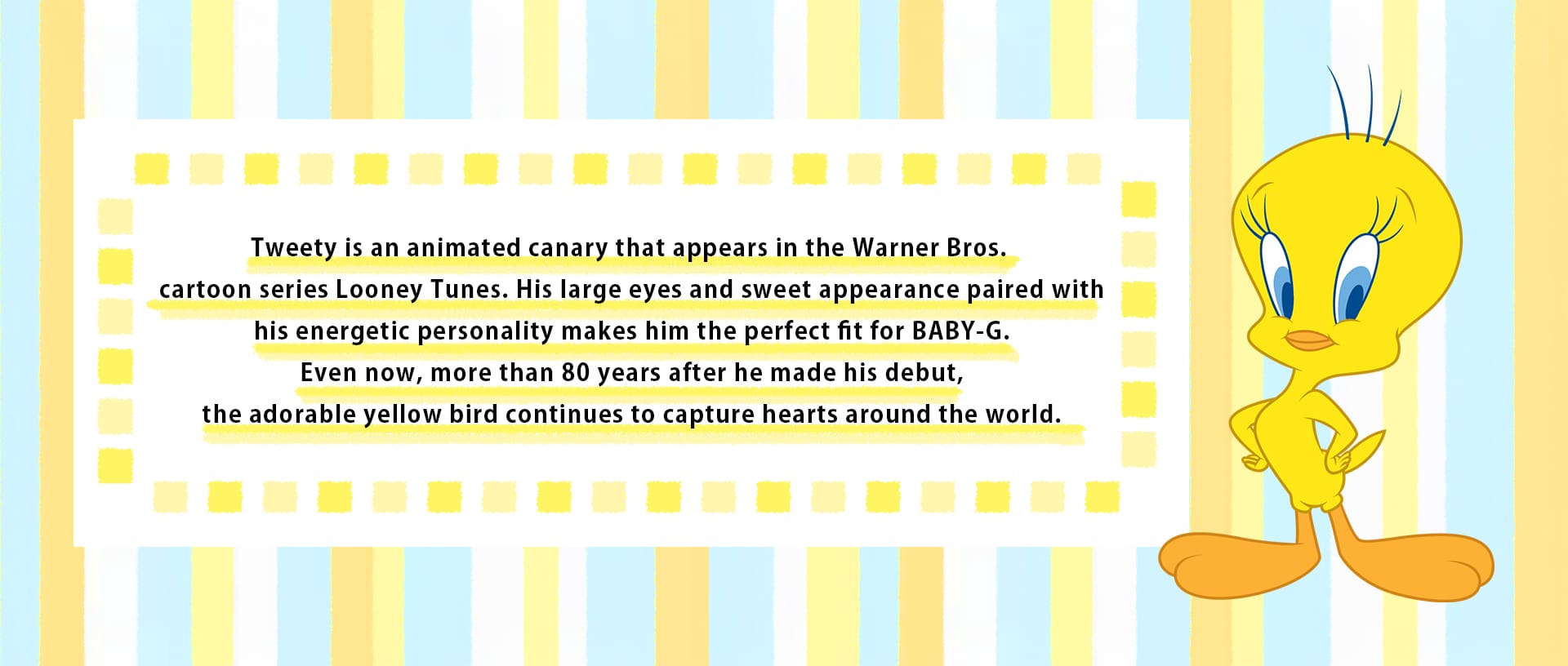 Graphic of Looney Tunes Tweety Bird and text reading Tweety is an animated canary that appears in the Warner Bros. cartoon series Looney Tunes. His large eyes and sweet appearance paired with his energetic personality make him the perfect fit for BABY-G. Even now, more than eighty years after he made his debut, the adorable yellow bird continues to capture hearts around the world.