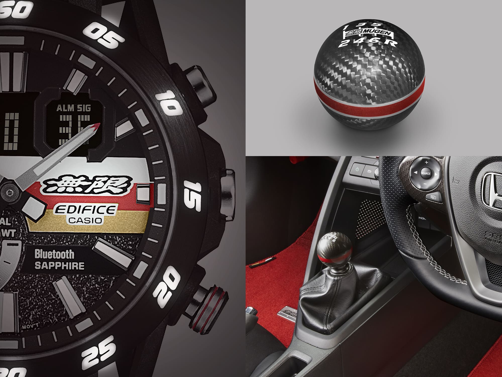 ECB-40MU Edifice watch collage with carbon fiber shifter knob and race car console