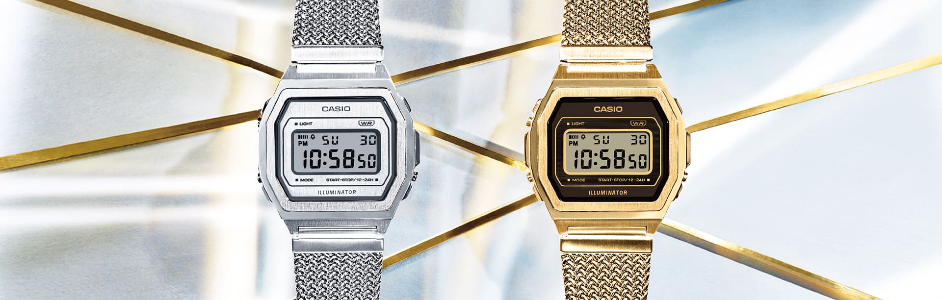 Gold and Silver digital Casio Vintage watches with metallic mesh bands